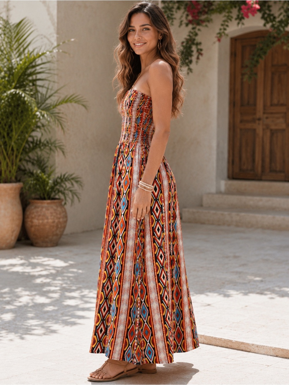 Strapless Smocked Bohemian Maxi Dress - Multicolor - Picture 2 of 13